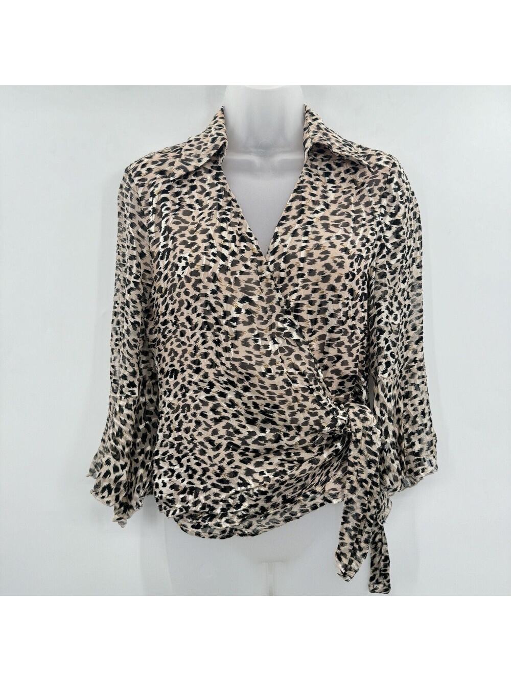 VTG Anne Carson Silk Animal Print Wrap Top Size S Brown Old Money Mob Wife